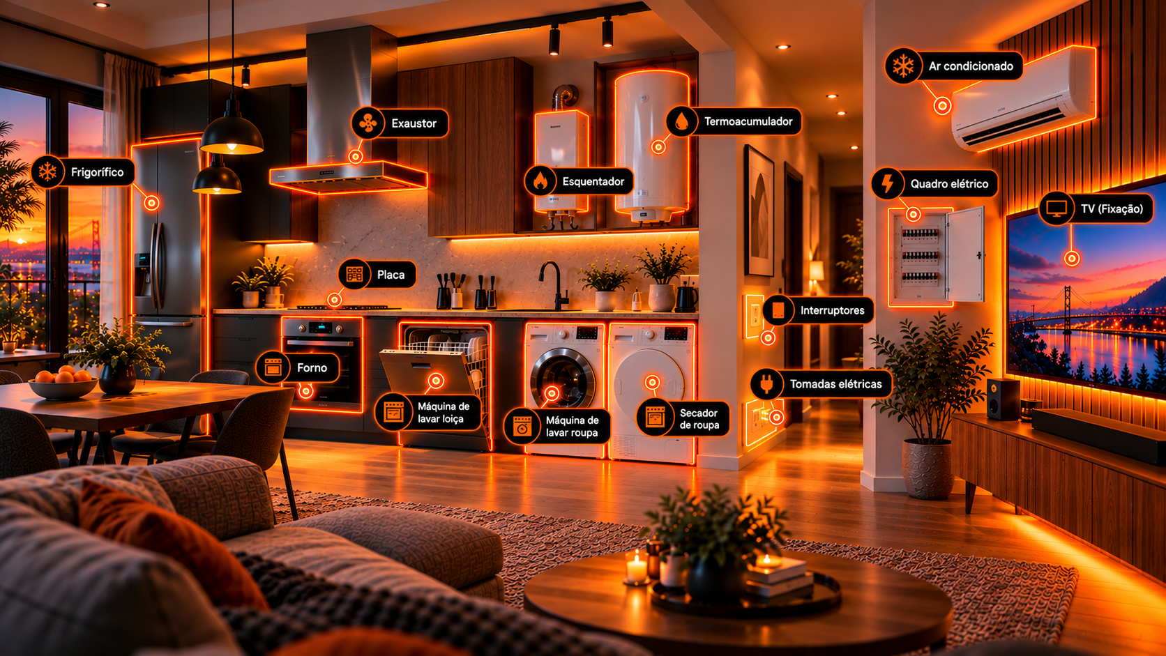Casa moderna com equipamentos domésticos identificados a laranja. Selecione um equipamento para consultar os trabalhos realizados.